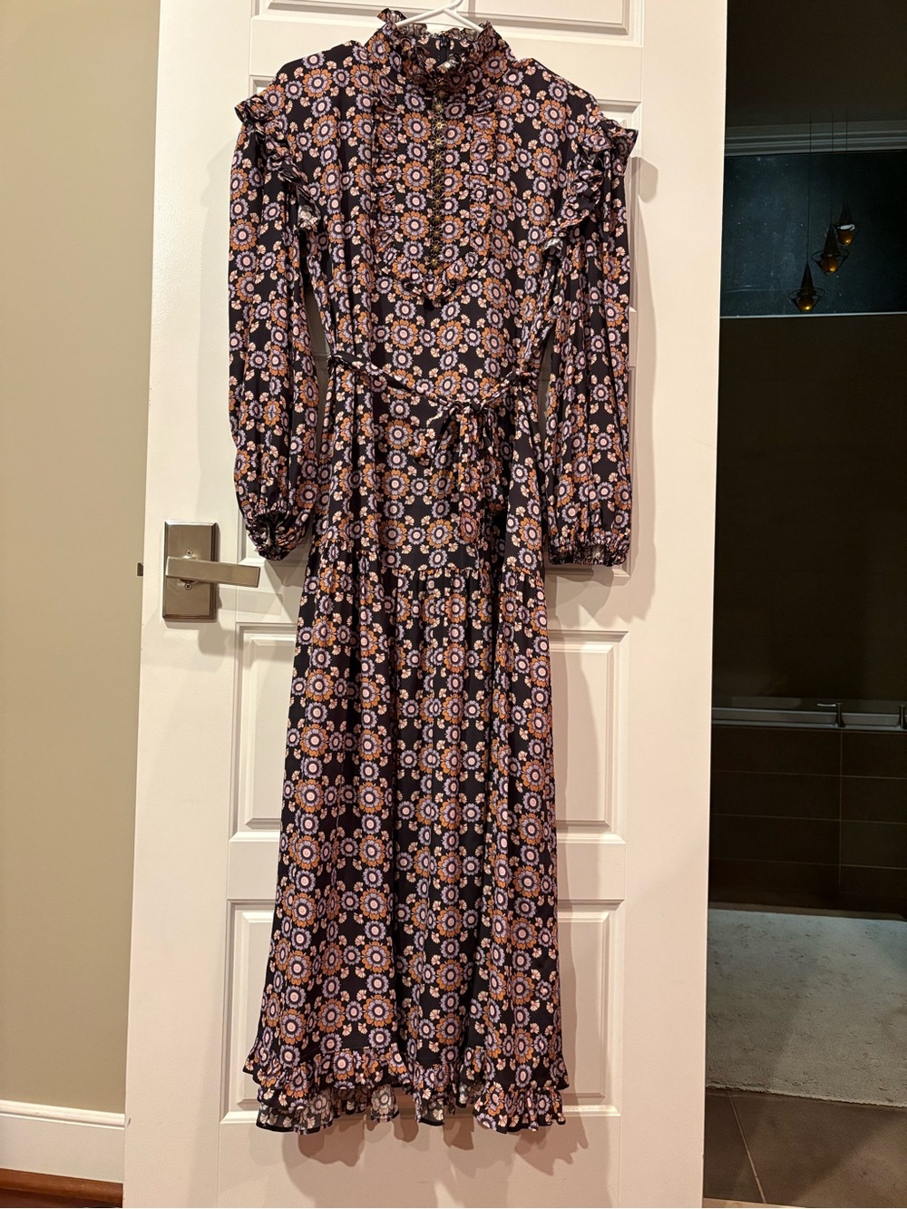Zimmermann size 2 High-Neck Floral Long Sleeve Maxi Dress in Black and Brown